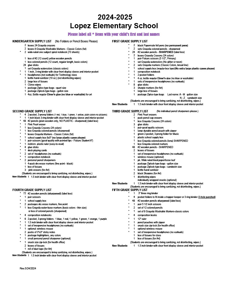 2024-2025 Lopez Elementary Supply List